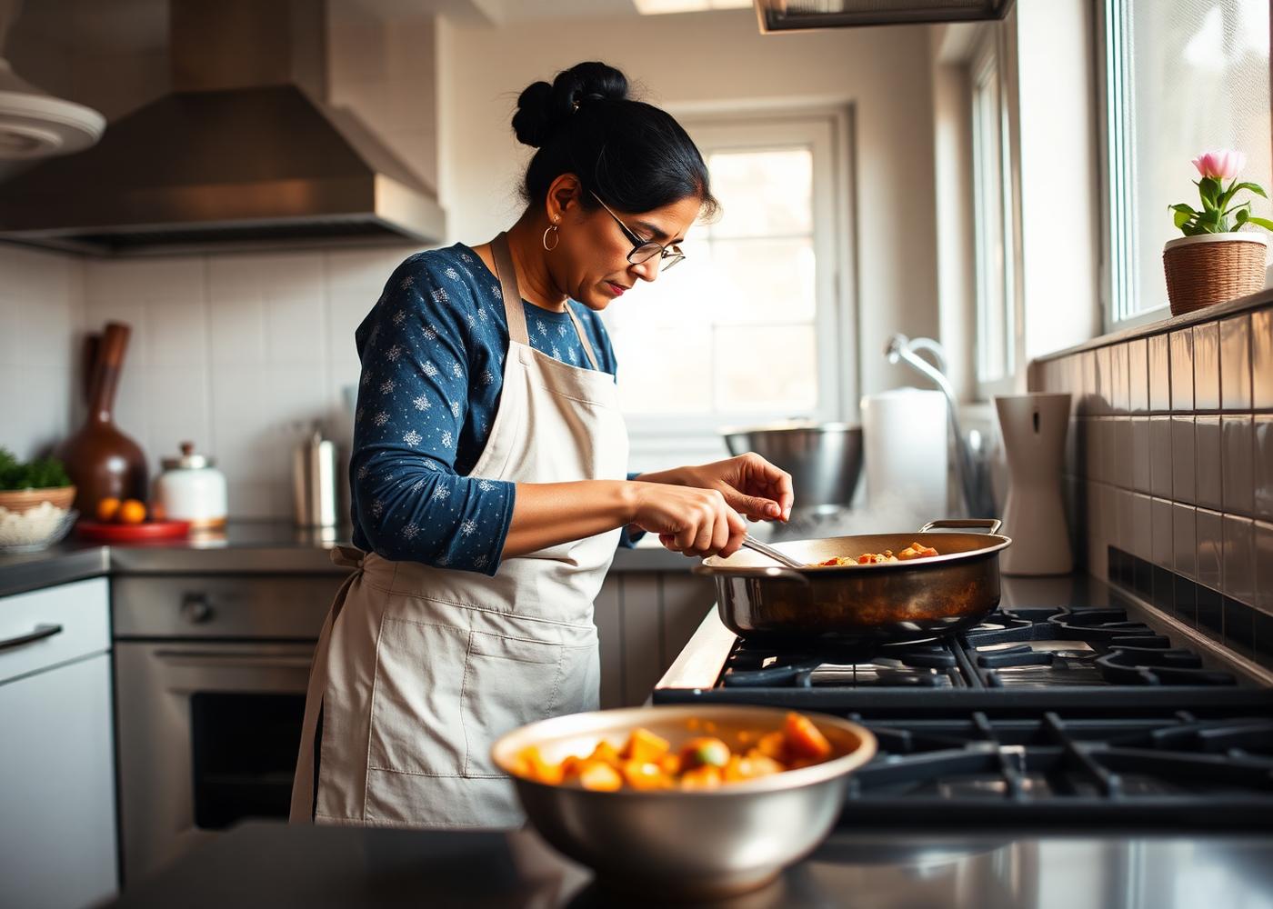 Home chef cooking fresh curry in a clean kitchen